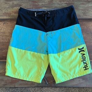 EUC Hurley Boy’s Black, Teal & Lime Colorblock Boardshorts